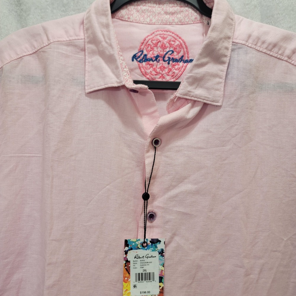 NWT Robert Graham Borsi Men's Linen Cotton Classic Fit Pink Shirt 2XL $198